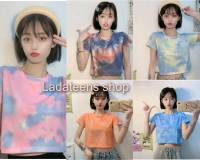 Ladateens shop 9027 เสื้อครอปมัดย้อมเด็ก คอกลม แขนสั้น ผ้าลื่น