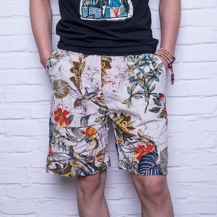 ราคาส่งผ้าฝ้ายลินินชายชายหาดกางเกงขาสั้นลำลองแฟชั่นพิมพ์กางเกงห้าจุดขนาดบวก