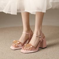 French small thick with diamond pink sandals female in the summer of 2023 new word with waterproof girls high heels