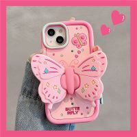 Suitable For iphone 14 Pro Max Phone Case Cute Cartoon 3D Pink Butterfly With bracket function Girls Silicone Soft for 11 13 12 14Pro Anti Drop Back TPU Cover