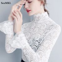 Sexy Transparent Long Sleeve Top Women 2023 Fashion Autumn Winter Basic Lace Blouses White Black Hollow Blusas Mujer Oversized