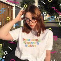 Porzingis Female T-Shirt Rainbow Letter Printed Tshirt Summer New Fashion Depressed Stressed Horny Slogan Cotton T Shirt