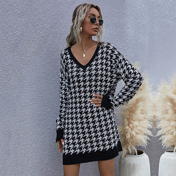 houndstooth-women-knitted-sweater-dress-autumn-vintage-fashion-long-sleeve-casual-jumper-loose-v-neck-sweater-skirt-ladies