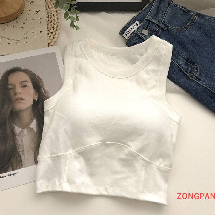 zongpan-เสื้อกล้ามสั้นเว้าหลังสีทึบมีแผ่นปิดหน้าอกสวยงามเข้ารูปพอดีชุดชั้นในแบบไม่มีแขนครอปที่หน้าอกสำหรับฤดูร้อน