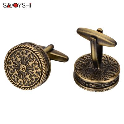 SAVOYSHI เสื้อคุณภาพสูง Cufflinks สำหรับผู้ชายรอบ Bronze Vintage รูปแบบโลหะ Cuff links ของขวัญฟรี Enagraving ชื่อ-Yrrey