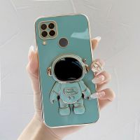 เคสโทรศัพท realme c15 case นักบินอวกาศขาตั้งแบบพับได้แฟชั่นสีทึบหรูหราชุบโครเมียมนุ่ม TPU เคสโทรศัพท์สแควร์คลุมทั้งหมดเคสป้องกันกล้อง