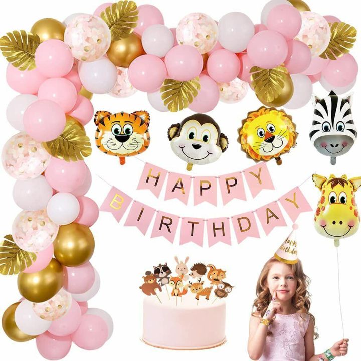 Animal Birthday Party Decorations for Girls,Pink Theme Happy Birthday ...