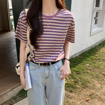 เสื้อเก๋ๆสไตล์เกาหลีเสื้อเสื้อยืดถักแขนสั้นลายทางแขนสั้นอินเทรนด์สำหรับผู้หญิง2023 Bsy1ฤดูร้อน