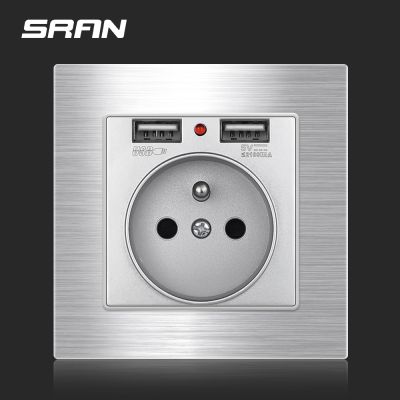 SRAN 16A  french Usb wall socket With Usb plug 2.1A Aluminum alloy brushed Panel 86mm*86mm Electrical outlets for home appliance