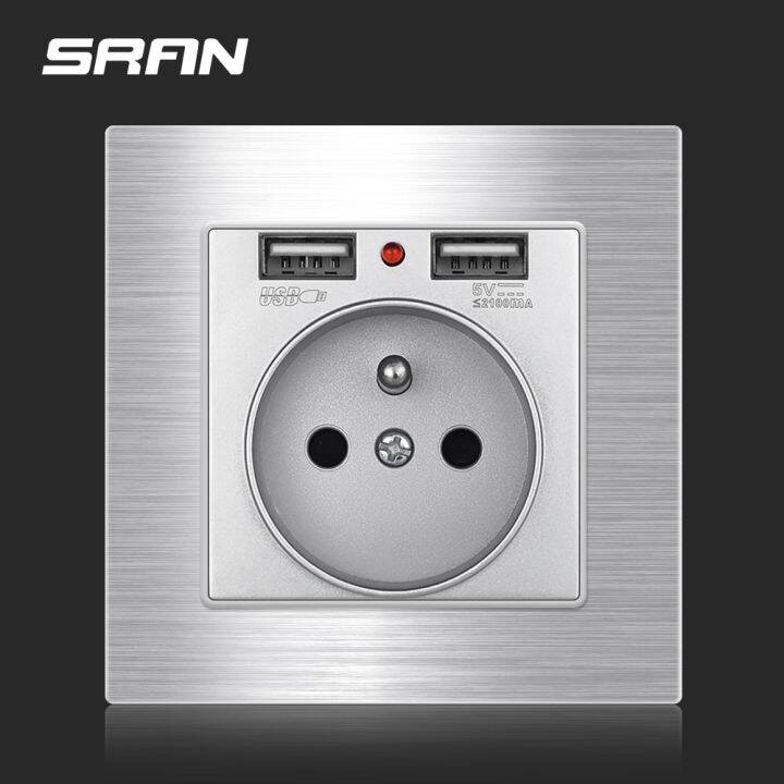 sran-16a-french-usb-wall-socket-with-usb-plug-2-1a-aluminum-alloy-brushed-panel-86mm-86mm-electrical-outlets-for-home-appliance