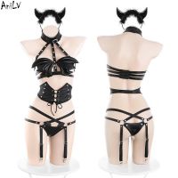 Anilv 2022 Halloween Rivet Straps Devil Wings Leather Unifrom Dark Night Demon Women Pajamas Outfits Costumes Cosplay