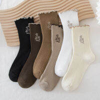 R สีทึบผู้หญิงถุงเท้าผ้าฝ้าย Harajuku ปักดอกไม้ถุงเท้าน่ารัก Lolita ลูกไม้สาว Socks