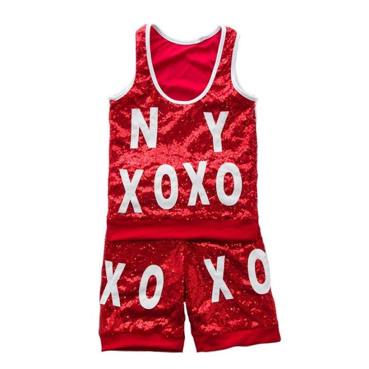 kids-girls-boys-red-sequins-streetwear-hip-hop-clothing-set-jazz-dance-costume-crop-jacket-blouse-shorts-terno-stage-performance-outfit