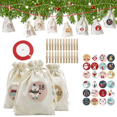 1Set Red DIY Xmas Countdown Christmas Decorations Christmas Advent Calendar Bag Gift Bags Christmas Calendar Bag Set for Wall Home Office Holiday Xmas