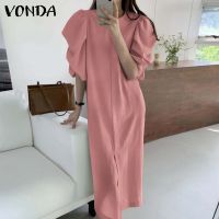 ♧✽ VONDA Women Casual Korean Puff Short Sleeve Slit Plain Pleated Long Dress