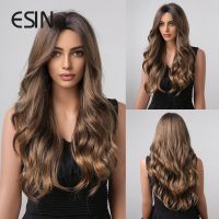 ESIN Synthetic Hair Long Water Wave Ombre Mixed Brown Middle Part Wigs for Women Natural Party Heat Resistant