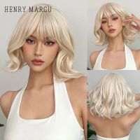 Platinum Blonde Short Curly Wavy Bobo Synthetic Natural Wigs with Bangs for Women Daily Lolita Use Heat Resistant Fiber Wigs