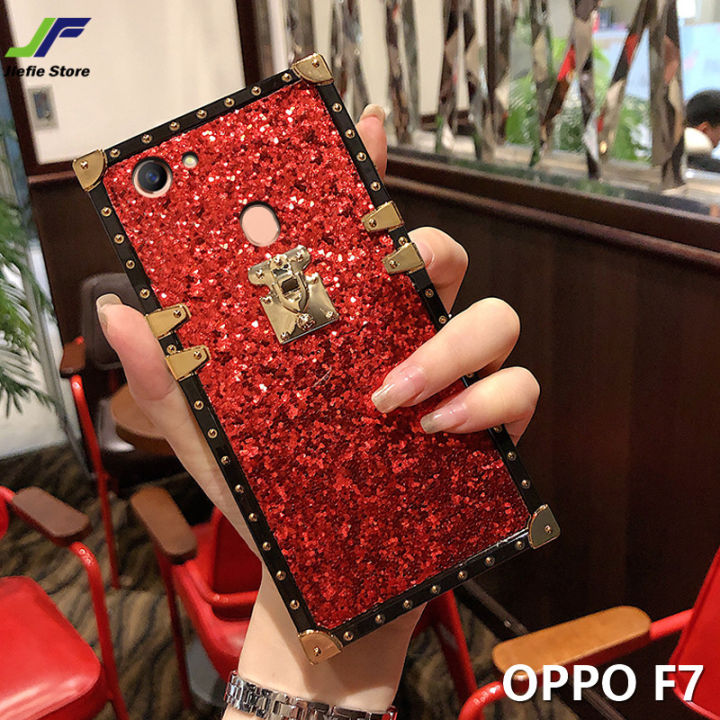 jiefie-เคสโทรศัพท์-oppo-f7-เคสกันกระแทกชุบโครเมียมสี่เหลี่ยมผงแฟลชสำหรับโทรศัพท์