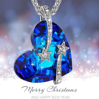 JDY6H Blue Crystal Heart Necklace Women Trendy Fashion Star Pendant Jewelry Romantic Sweet Banquet Jewelry for Women