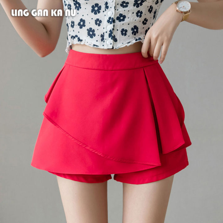 ling-gan-ka-nu-กางเกงขาสั้นสบายๆ-สำหรับผู้หญิง-ฤดูร้อนใหม่เวอร์ชั่นเกาหลีเอวสูงบาง-culottes-กระโปรงสั้นกางเกงขาสั้นร้อนกางเกงกระโปรงสั้นกางเกงกระโปรงจีบ