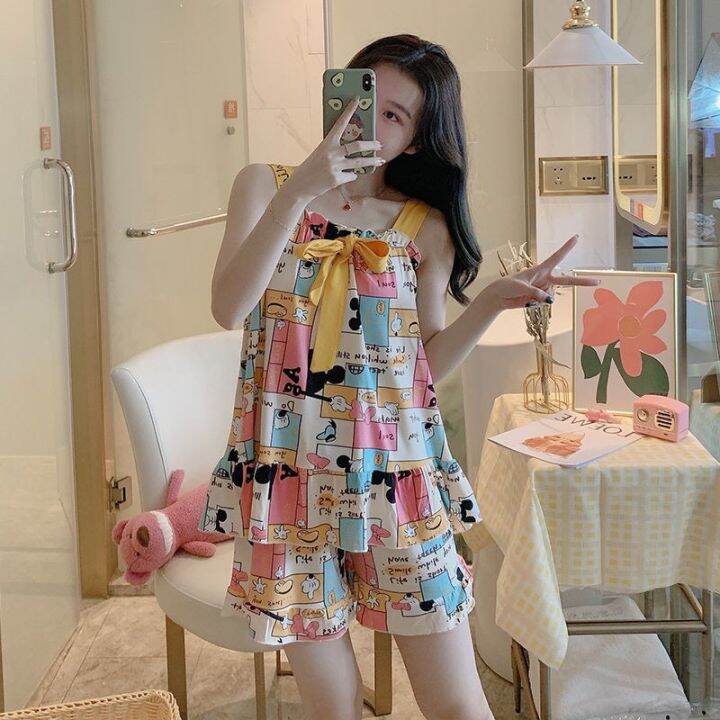 พร้อมส่ง-124-ถูกที่สุดชุดนอน-ชุดนอนผู้หญิง-เซตชุดนอนเสื้อสายเดี่ยว-กางเกงขาสั้น-พรอมส่ง