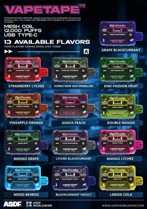 ( Disposable ) 100 Original ASDF Vapetape 12K / 12000 Puffs Vape Tape