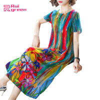 Women Dress Loose Ice Silk Round Collar Mid-length Colorful Printing Casual Short-sleeve Dress