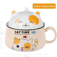 1020ml Large 3 IN 1 Cartoon Cat Ceramic Instant Noodle Bowl with Lid Handle Bowl Mug Fruit Bowl Home Dormitory Office