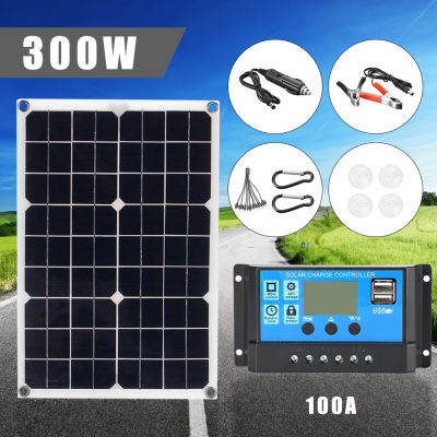 ชุดแผงแสงอาทิตย์300 Gb พร้อมตัวควบคุม100A 12V ที่ชาร์จยูเอสบีคู่แบตเตอรี่พลังงานแสงอาทิตย์ IP65กันน้ำสำหรับโทรศัพท์ RV รถยนต์เรือกลางแจ้ง