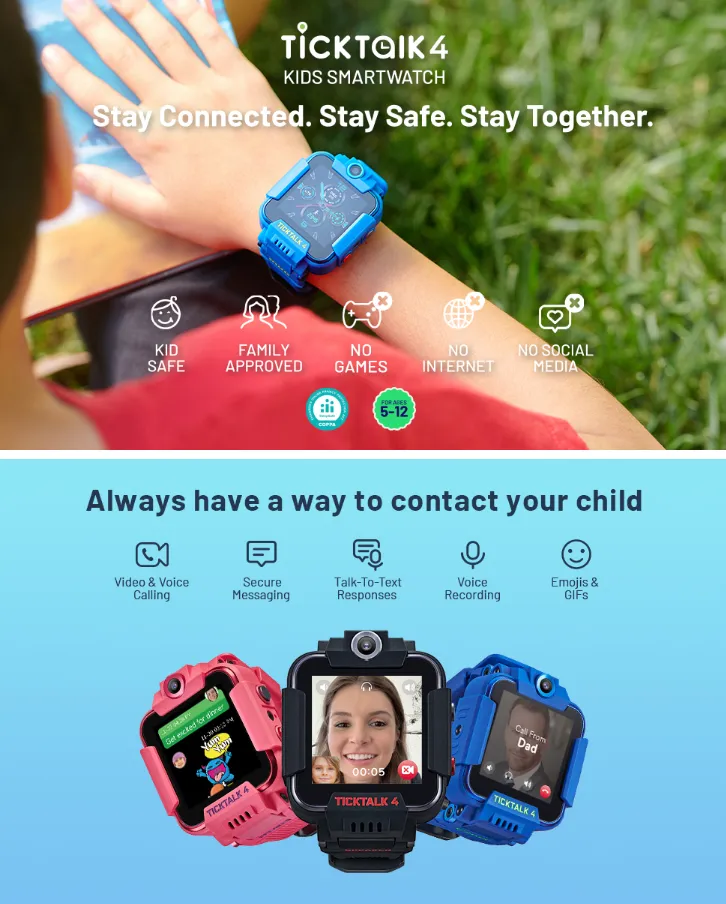  TickTalk 4 Unlocked 4G LTE Kids Smart Watch Phone with GPS  Tracker, Combines Video, Voice and Wi-Fi Calling, Messaging, 2X Cameras &  Free Streaming Music : Electronics