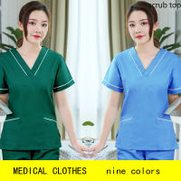 Women Scrub Shirt Short Sleeve Nurse Uniform V Neck Clothes Spa Workwear Doctor Costume Cotton Scrubs Plug Size