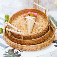 Vietnam Natural Rattan Bread Basket Round Binaural Tray Snack Storage Basket Fruit Picnic Box Multi-Purpose Food Kitchen Items