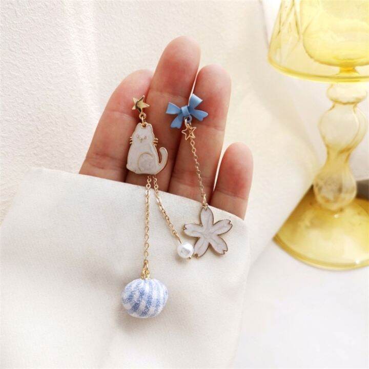 new-trend-blue-flower-dangle-earrings-for-women-cute-animal-cat-cherry-blossoms-asymmetrical-earring-party-kitten-jewelry-gifts