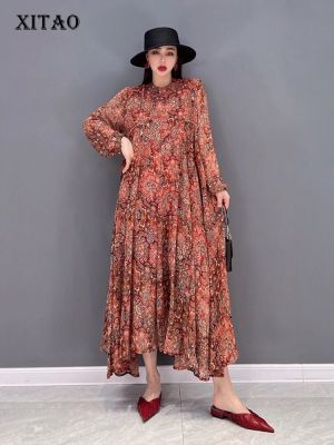 XITAO Dress Causal Long Sleeve Wome Vintage Chiffon Print Dress