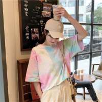 เสื้อผ้าแฟชั่น ผู้หญิง ฤดูร้อนเวอร์ชั่นเกาหลีหลวมไล่ระดับสีไล่ระดับสีหลวมอินเทรนด์เสื้อยืดมัดย้อมแขนสั้นด้านบนของผู้หญิง