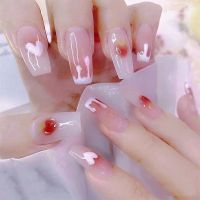 24PCS/Box 2022New Artificial Nails With Glue Milky White Pink Gradients Long Ballet Full Cover Acrylic Nail Stick Fake Nail Tips