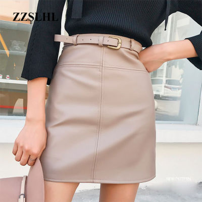 ZZSLHL Include Belt PU Leather A-Line Skirt For Women High Waist Office Wear Skirts Female short Skirt with Belt High Quality