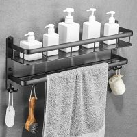 卍☈✌ Black Aluminum Bathroom Shelf Wall Mount Floating Shower Caddy Bath Rack with Bar and Hook for Shampoo Shelves Storage Kitchen