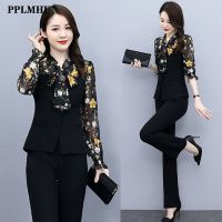 【DT】hot！ Office 2 Piece Set Outfits Spliced Sleeve Floral Blouse   Elastic Waist Pant Fashion Ensemble