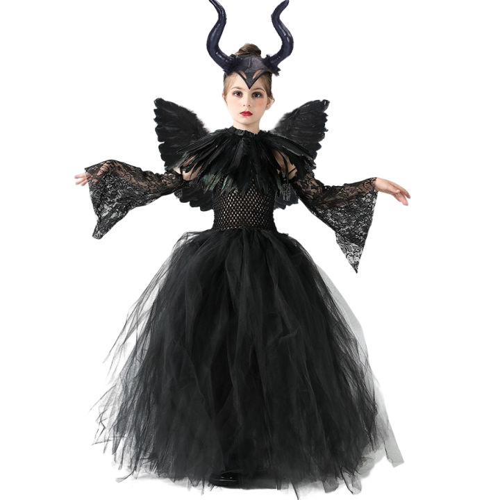 ฮาโลวีนเครื่องแต่งกาย-maleficent-tutu-ชุดสำหรับสาวคอสเพลย์-evil-queen-ตาข่ายสีดำชุดเจ้าหญิงเด็ก-crow-wand-maleficent