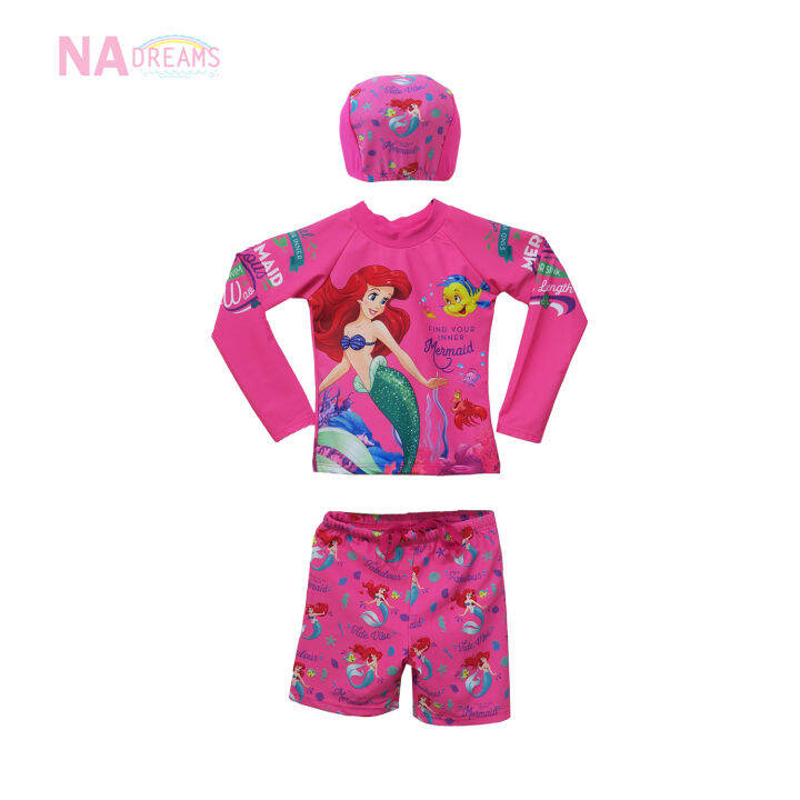 nadreams-ชุดว่ายน้ำ-swimwear-ชุดว่ายน้ำเด็กหญิง-ลายการ์ตูนนางเงือก-แอเรียล-ariel-เดอะลิทเติ้ลเมอเมด-รุ่นเด็กโต-สีชมพู