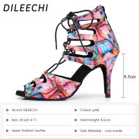 DILEECHI มาใหม่รองเท้าเต้นรำละตินผู้หญิงดอกไม้สีชมพูพิมพ์สายหนังซัลซ่าพรรครองเท้าเต้นรำบอลรูมสูงบางส้น