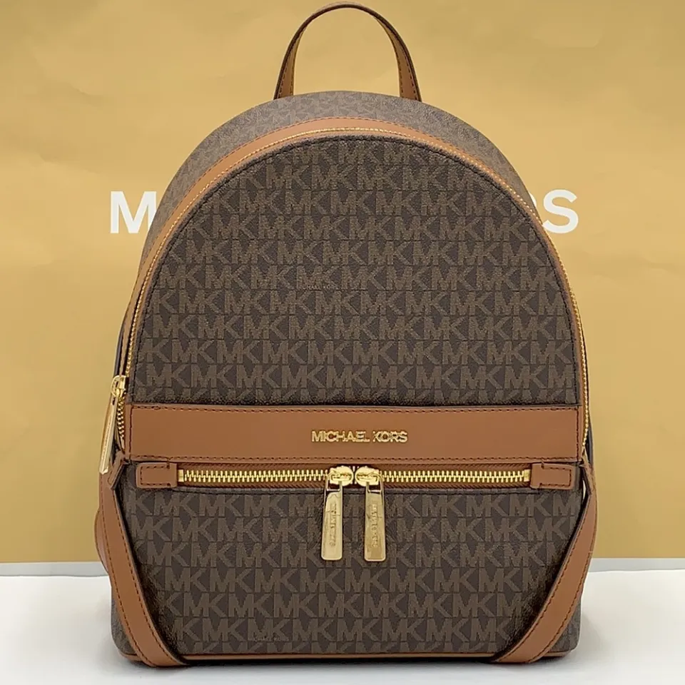 Michael kors kenly medium abbey backpack brown mk signature pvc leather tip  zip