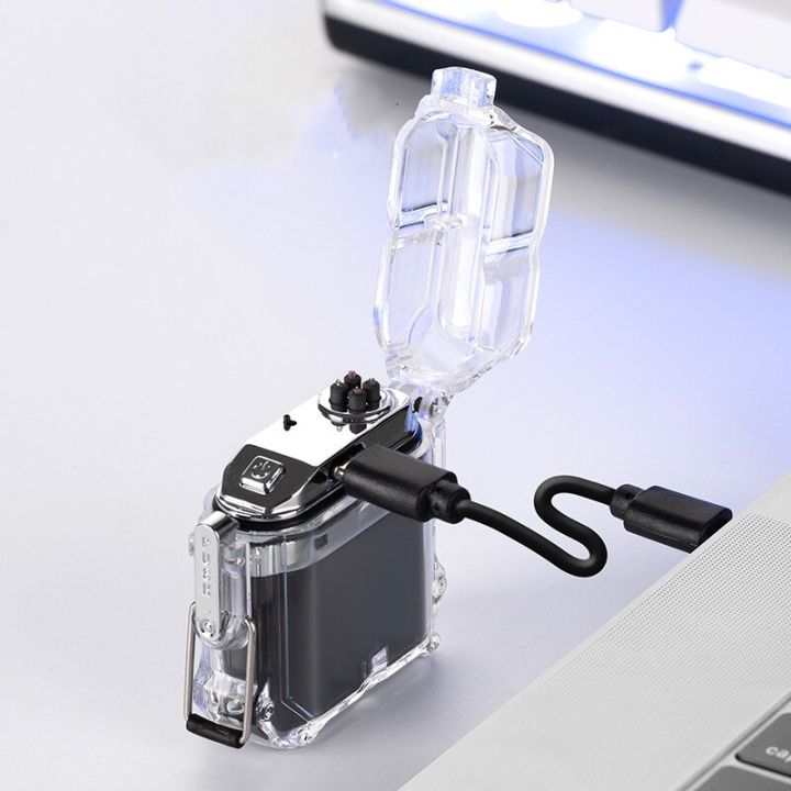 zzooi-transparent-shell-usb-waterproof-electronic-pulse-lighter-outdoor-windproof-waterproof-double-arc-lighter-mens-gift