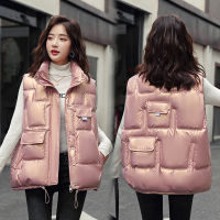 【cw】2022 Autumn and Winter New Cotton Vest Womens Short Stand Collar Loose Glossy Versatile Student Coat Cotton Waistcoat Vest ！