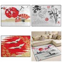 Red Japanese Crane Cherry Blossom Maple Mountain Fuji Asian Oil Painting Koi Carp Fish Bamboo Flannel Floor Rug Modern Car