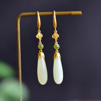 Water drop shaped Hotan Jade earrings Chinese silver super fy sweet earrings Classical Chinese ear hook earrings 8AD1