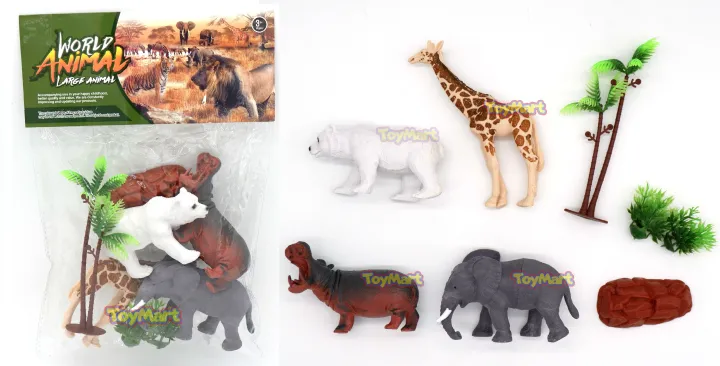 New World Safari Realistic Animal Figurine Rubberized Giraffe Elephant Bear  All in 1 Play Set Animals