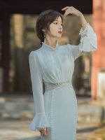 ยิงจริง2022ใหม่ลูกปัดยืนคอทรัมเป็ตแขนยาวและเอวบางชุด Cheongsam สีขาวจีน