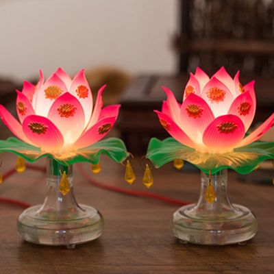 13MA 2pcsset Buddhistic Lotus Lamp Colorful Lotus Lamp Desktop Decoration Light for Home Meditation Worship Buddhism Temple